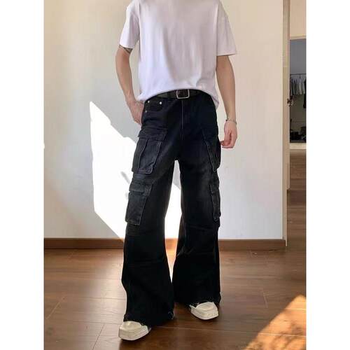 牛仔裤男青少年美式高街复古直筒弯刀裤拼接宽松水洗工装裤男夏季