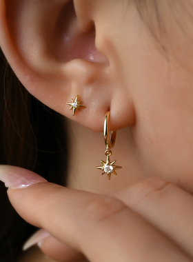 KNA珂娜「闪耀恒星」简约小钻星芒耳圈S925纯银耳钉女职场气质ins