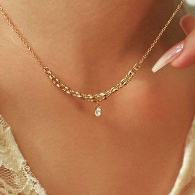 KNA珂娜「金络麦穗」气质微笑锆石吊坠项链钛钢镀18K金多层锁骨链