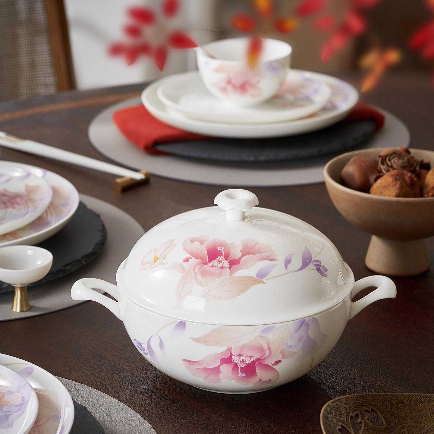 华光国瓷 骨瓷餐具单品 健康釉中彩家用中式 抗菌碗盘碟 花好月圆