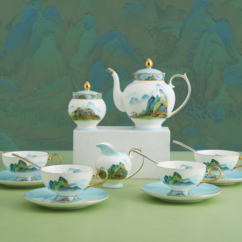 华光国瓷骨瓷茶具套装咖啡具 高档中国风家用办公茶咖具千里江山