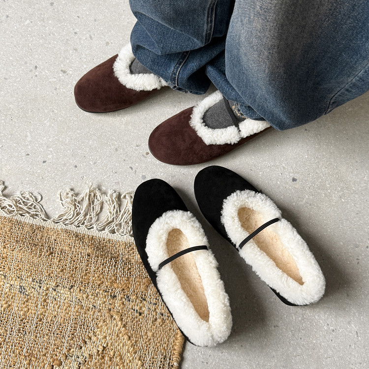 法式玛丽珍毛毛鞋女加绒芭蕾鞋