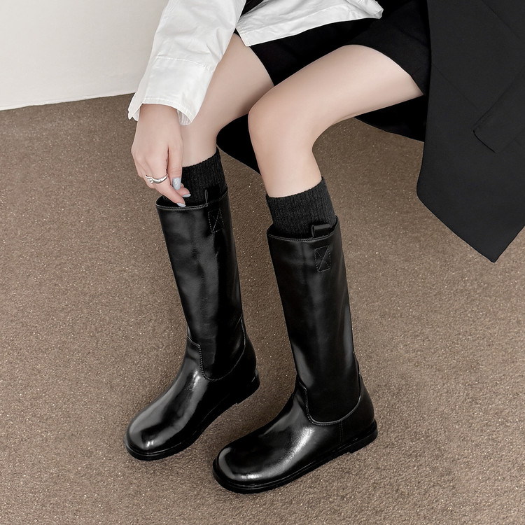 秋冬新款复古圆头粗跟骑士靴女