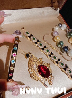 我的山与海方婉之谭松韵同款花丝鎏彩鸽血红鹦鹉宝石项链彩钻手镯