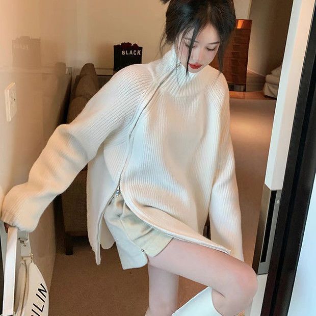 你比星光美丽纪星谭松韵同款设计感宽松拉链高领毛衣中长款针织衫