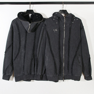 她的盛焰陈默翟子路同款水洗蜡染拉链鲨鱼连帽开衫短款卫衣男外套