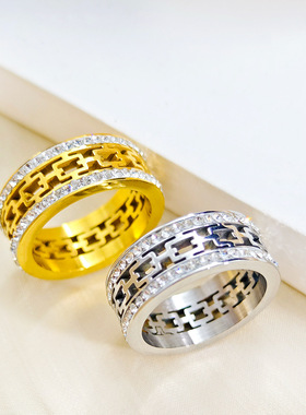 现在就出发王安宇同款长城纹钛钢戒指不掉色切割镂空两排镶钻指环