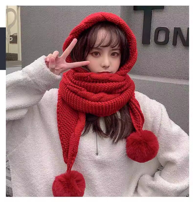 冰雪谣欧阳娜娜同款帽子围巾一体帽可爱毛球护耳加厚保暖针织帽