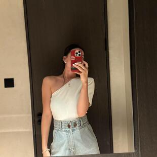 韩国东大门复古小众斜领不规则设计露肩显瘦短袖 短T 春夏新款