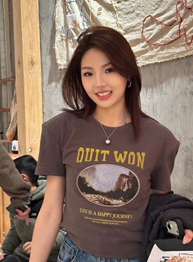 2026QUITWON原创新款垫肩印花不开裂超显瘦减龄休闲修身T恤