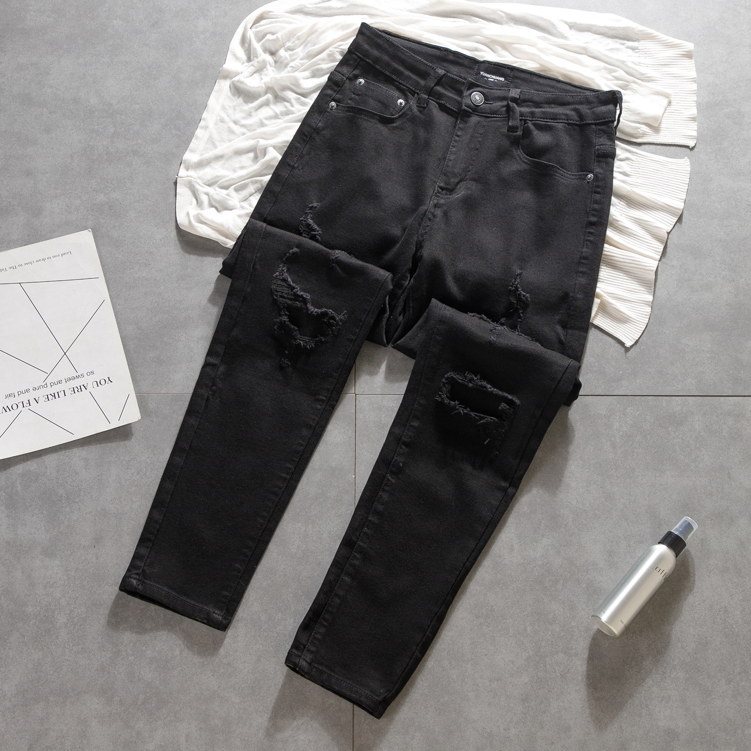 假破洞男长裤贴布小脚弹力牛仔裤