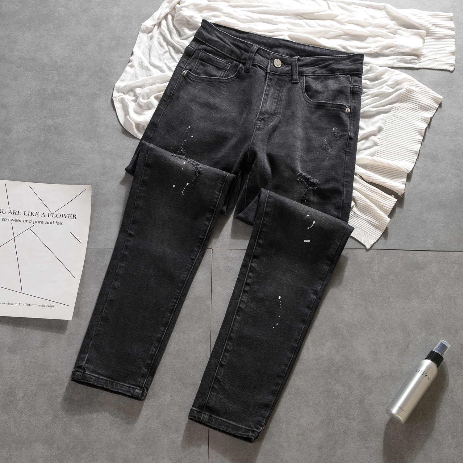 小脚九分牛仔裤破洞补丁 2025秋季新款水洗黑灰色修身弹力男百搭