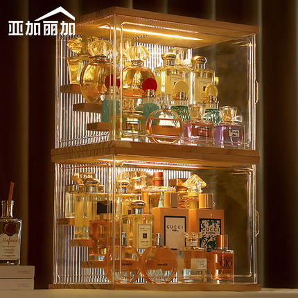 木质香水收纳盒桌面透q明化妆盒防尘大容量展示架护肤品整理置物