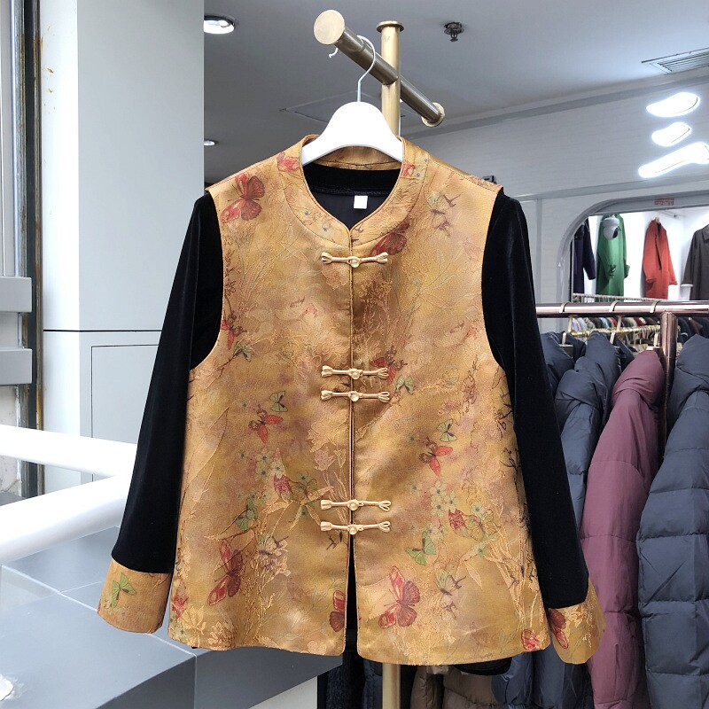 沐莹26-05 国风马甲打底衫两件套装女春季新款妈妈洋气坎肩背心