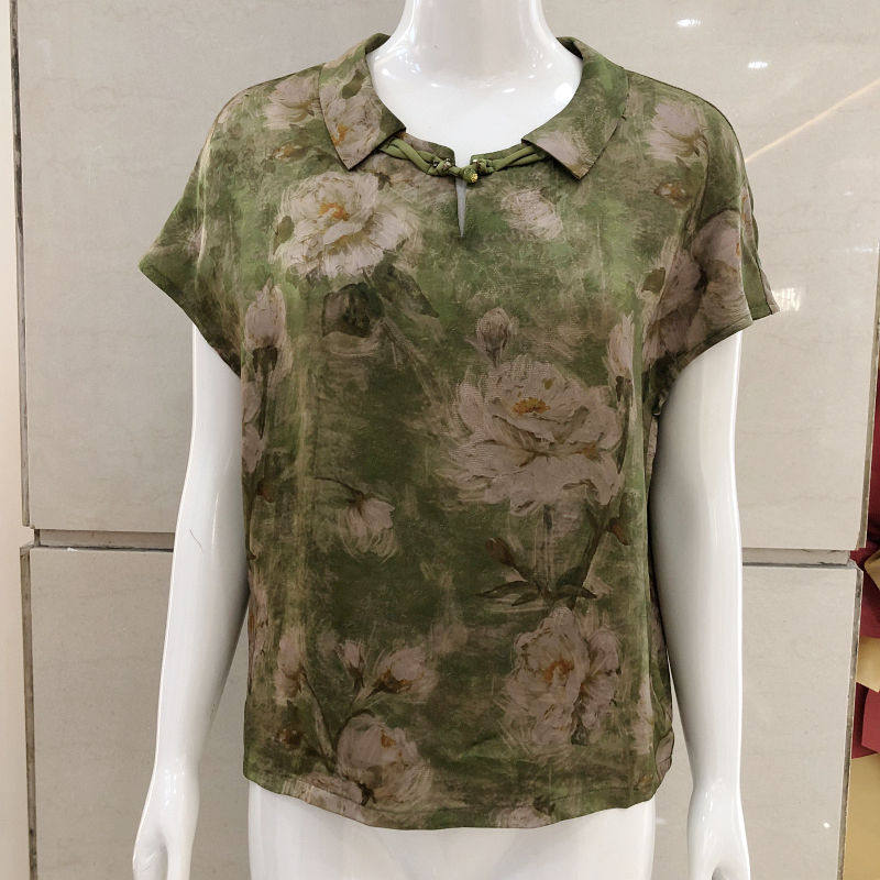 绮绣缘8655 中年香云纱小衫女短袖2026夏季新款妈妈真丝缎衬衫