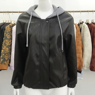 新款 时尚 水洗皮外套女春季 PU皮夹克上衣 连帽短款 毅伟鑫都26A