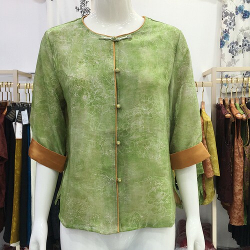 艾姿娇X9782 中年国风桑蚕丝外套女2026夏季新款妈妈真丝缎上衣