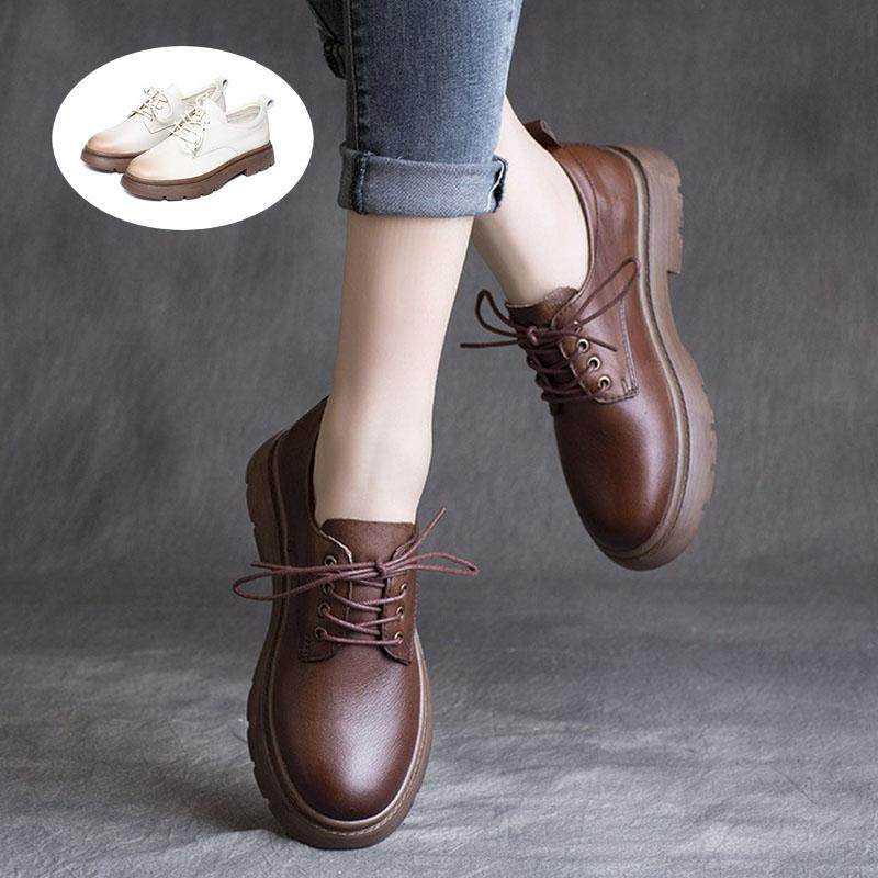 头层牛皮舒适圆头厚底百搭休闲深口单鞋女真皮软底系带女鞋春秋款,女鞋,深口单鞋,淘宝优惠券,粉丝福利购,淘宝优惠卷