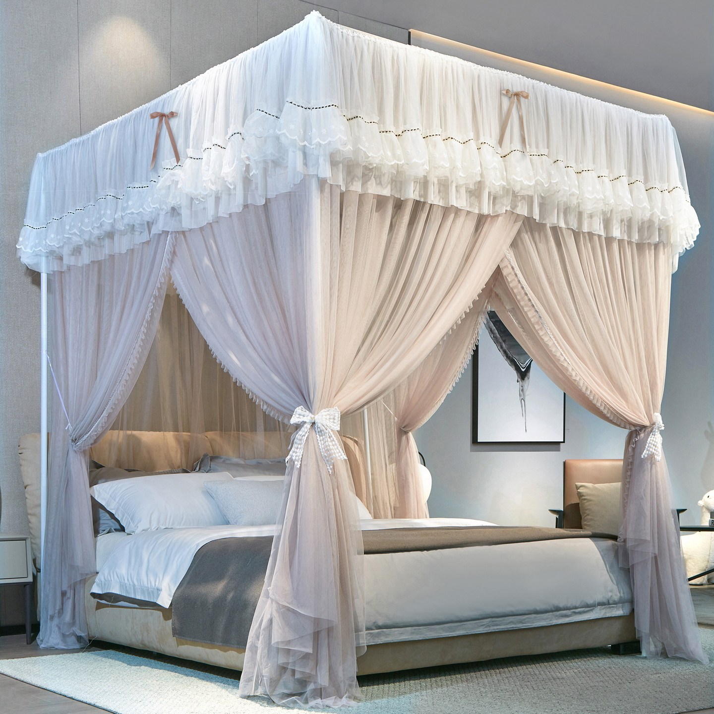 落地宫廷蚊帐三开门加厚支架绣花遮光防尘顶布可拆卸加密防蚊帐纱