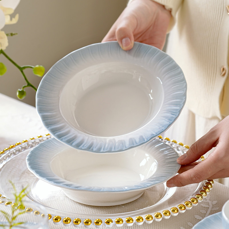 烟蓝草帽盘高级感盘子菜盘家用2025新款特别好看的陶瓷圆深汤盘碟