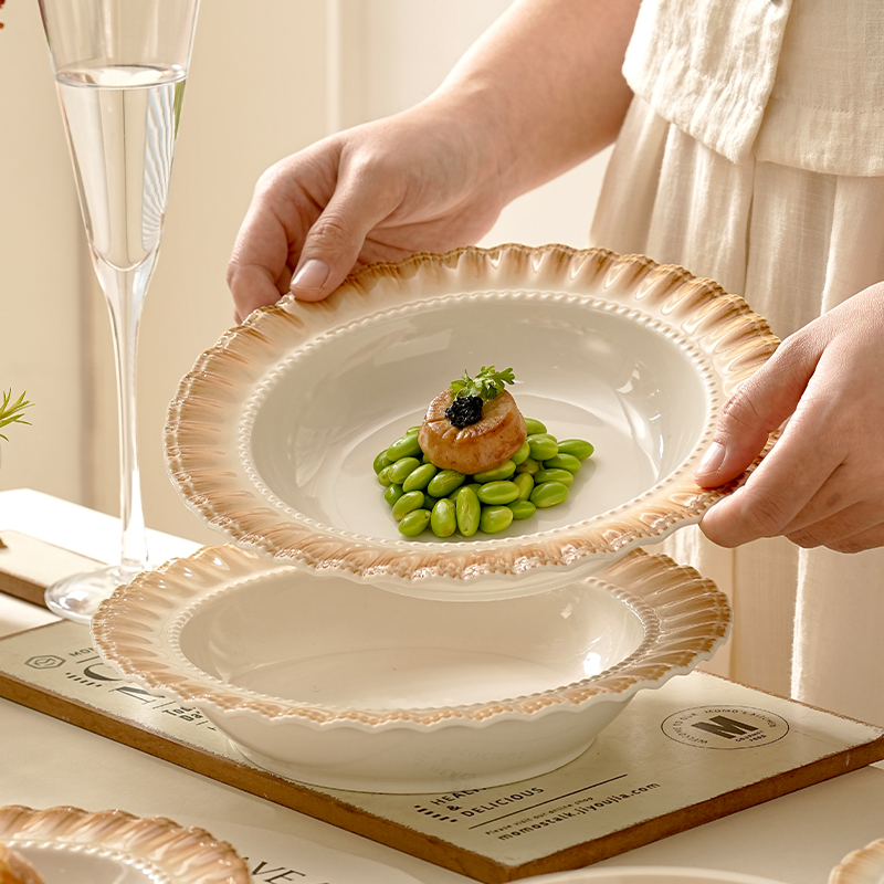 陶瓷深盘棕色花边复古家用