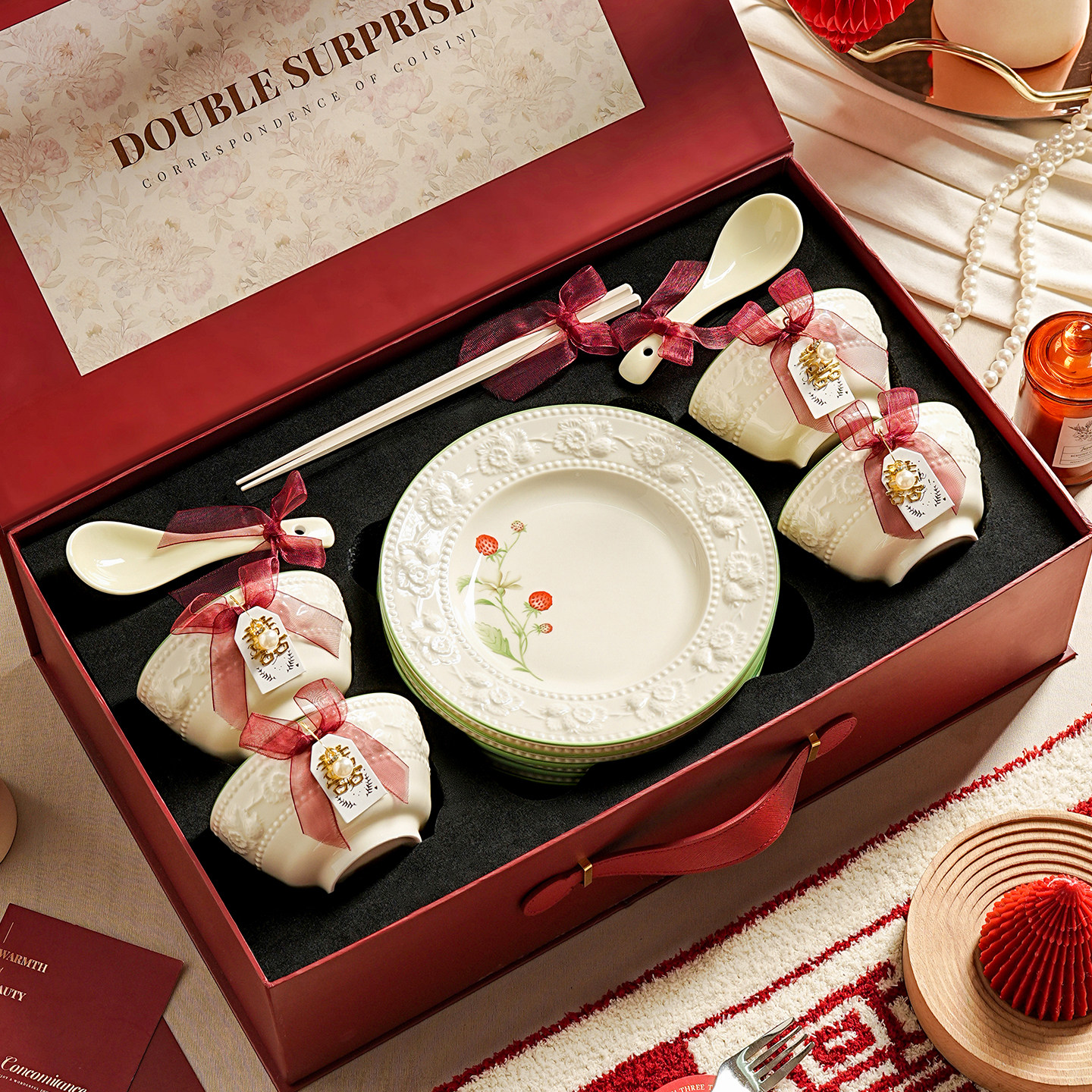 陶瓷碗具釉下彩餐具套装清新碗碟套装乔迁新婚礼物结婚礼物送新娘