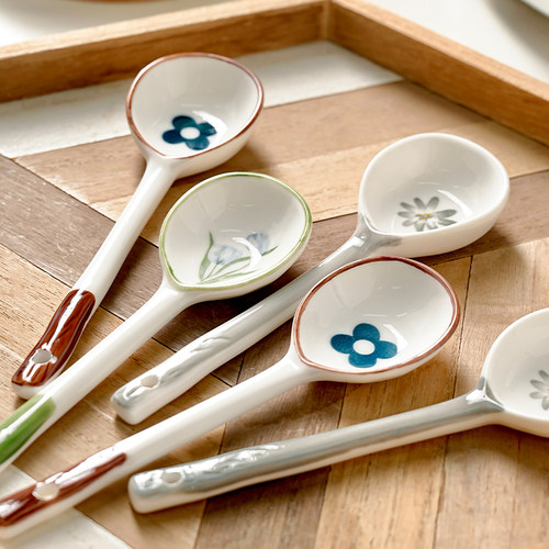 中式清新陶瓷勺子家用长柄大汤勺高颜值可爱汤匙特大号喝汤大调羹