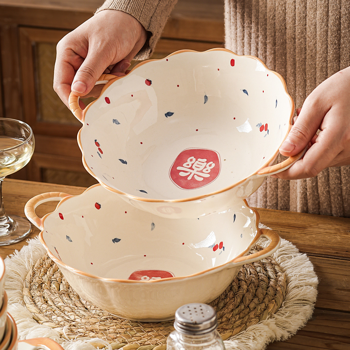 陶瓷泡面碗家用2025新款汤碗个人专用餐具套装双耳碗微波炉专用碗