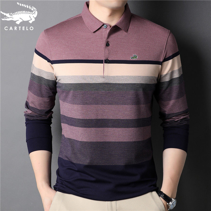 中老年男装爸爸装条纹长袖t恤男翻领新款中年男士爸爸上衣polo衫