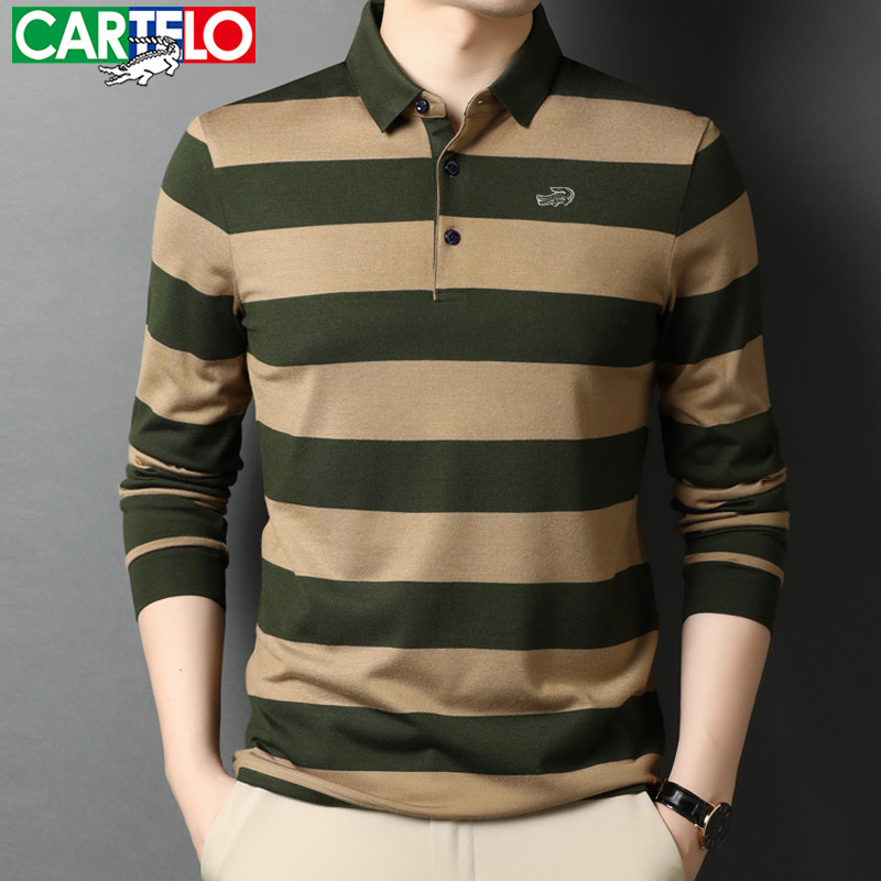鳄鱼男士长袖t恤纯棉翻领休闲条纹上衣男式体恤纯色打底衫polo衫
