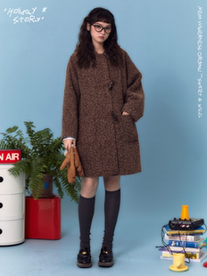 霓虹大荒野® 棕栗色学院牛角扣大衣 中长款复古毛呢加棉外套