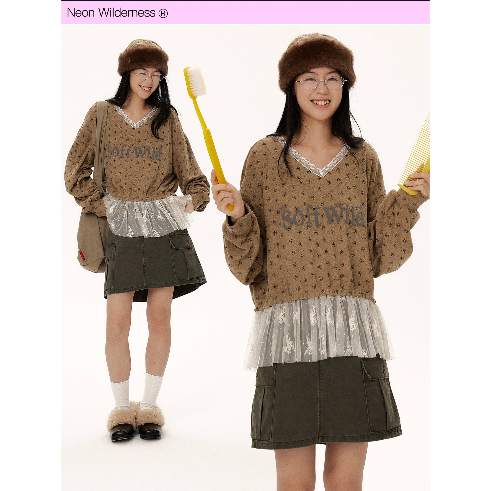 霓虹大荒野®冬季新品soft-wild软野印花碎花蕾丝拼接卫衣
