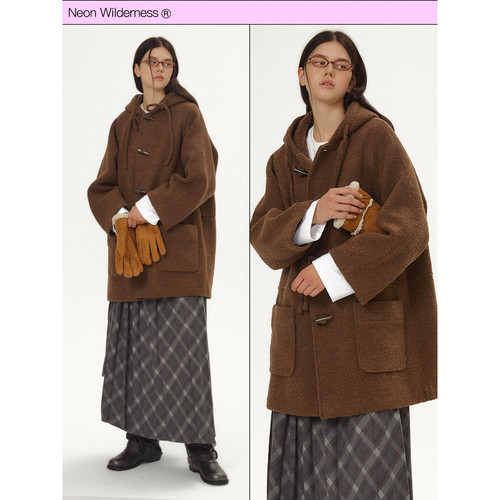 霓虹大荒野® 棕栗色连帽斗篷廓形牛角扣呢大衣外套