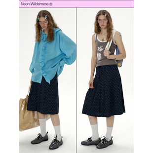 霓虹大荒野® 闪亮点海 藏青波点百褶裙A字复古显瘦半身裙