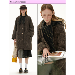 霓虹大荒野®焦茶色毛绒可拆卸围巾兜帽大衣宽松厚外套