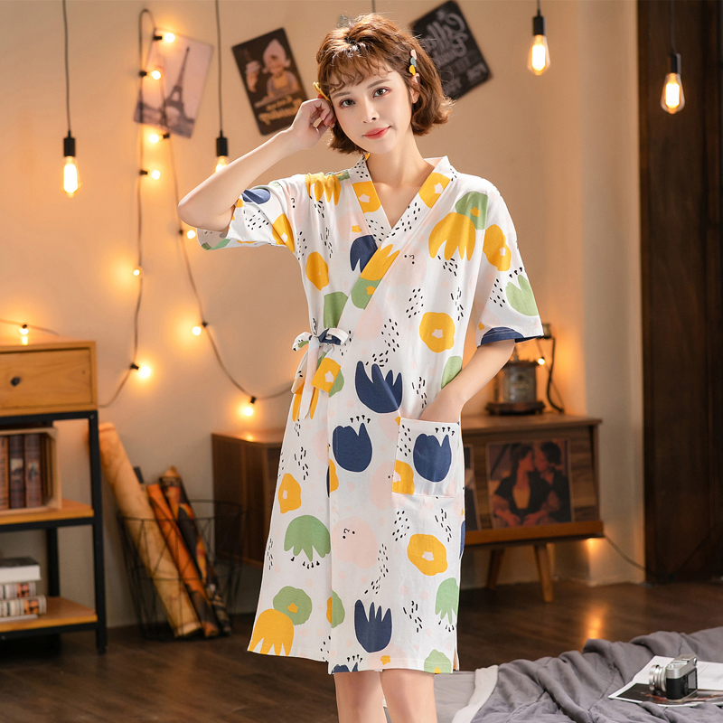 纯棉和服睡衣短袖性感睡裙浴袍女