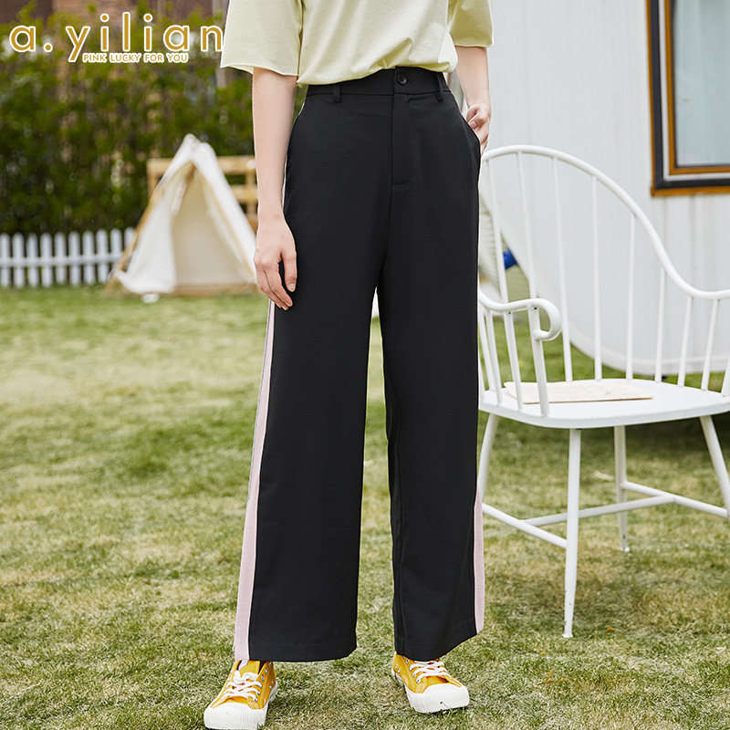 阿依莲2020夏新款休闲裤女时尚百搭显瘦宽松撞色直筒裤