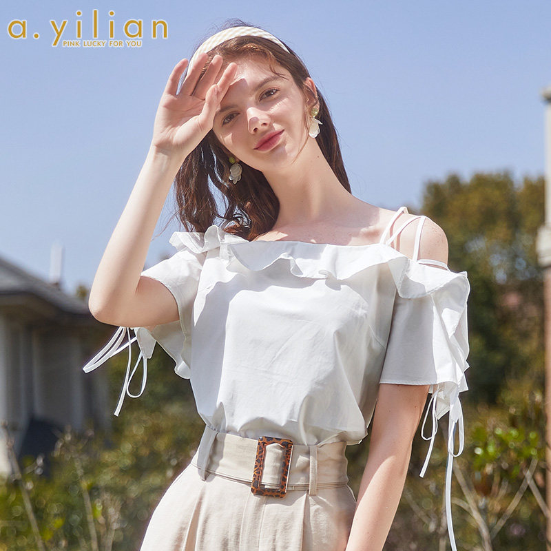 阿依莲2020夏季线下同款一字肩衬衣182617A608