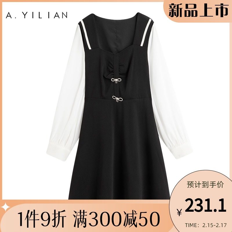 阿依莲2022年春季新品钻石蝴蝶结假两件连衣裙