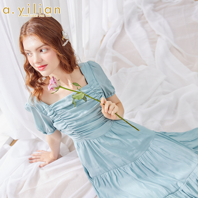 阿依莲连衣裙2020新款夏时尚洋气收腰显瘦气质褶皱连衣裙女神范潮