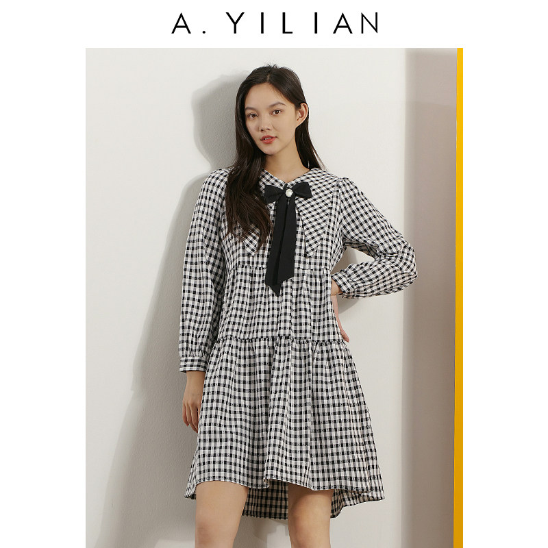 阿依莲2022年秋季新款细闪格子娃娃裙宽松V领蝴蝶结配饰高腰短裙
