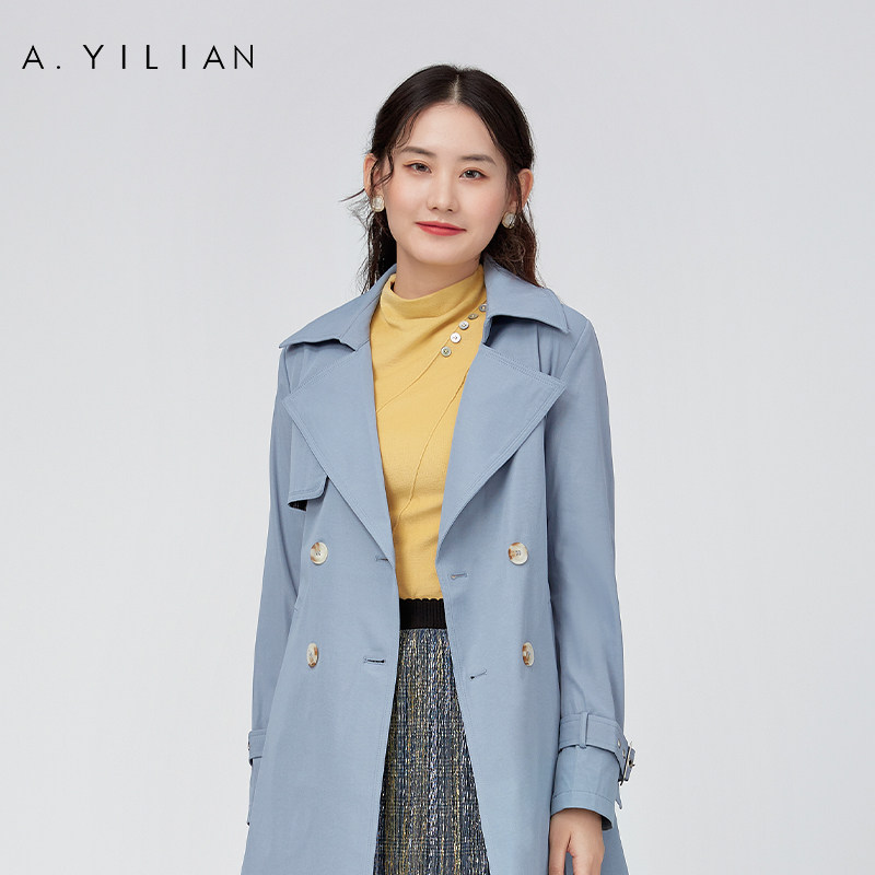 阿依莲秋季纯色翻领简约百搭风衣女中长款双排扣宽松显瘦外套