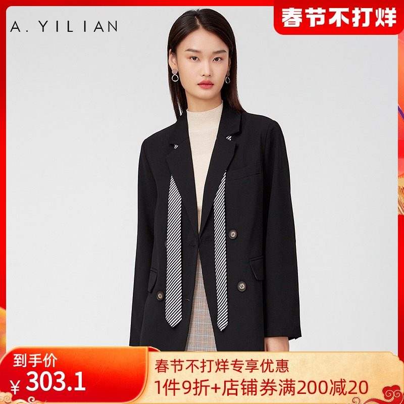 阿依莲秋冬女士通勤职业西装带领带装饰时尚纯色外套