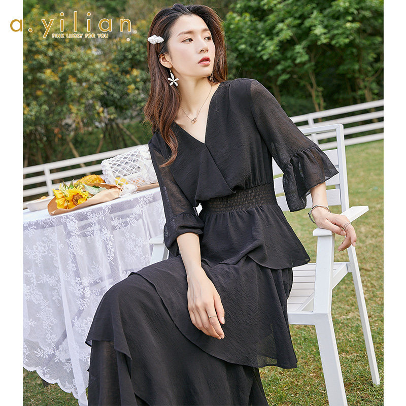 阿依莲连衣裙女2020新款夏季时尚宽松气质雪纺时尚短袖蛋糕裙