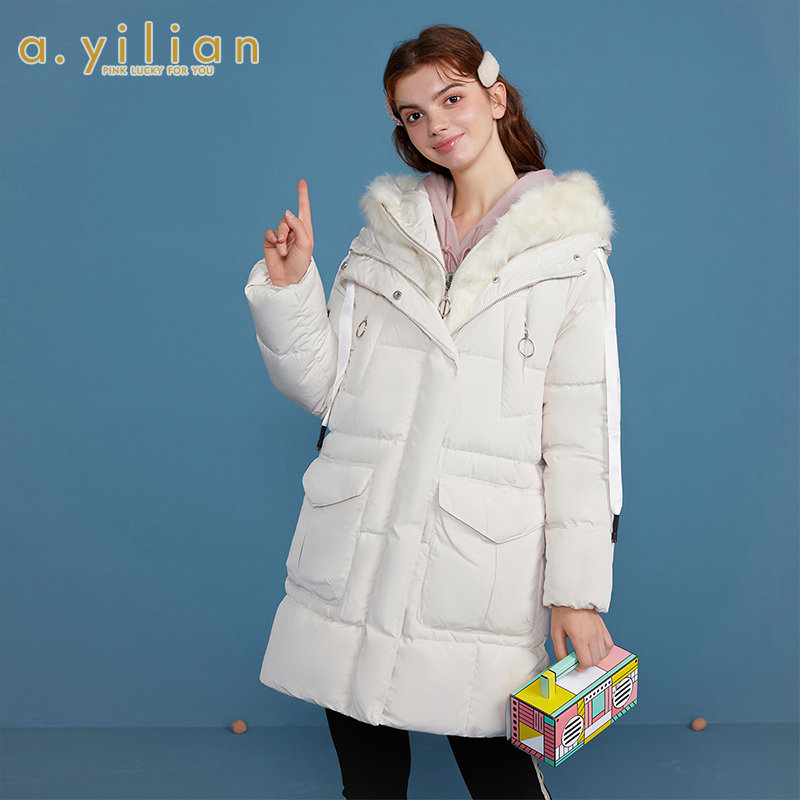 阿依莲2020秋冬新款女装轻薄羽绒服冬上衣外套中长款连帽小个子冬