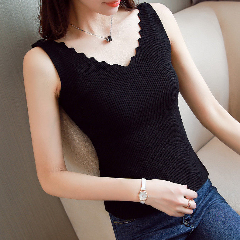 冰丝针织V领吊带女2020新款黑色白色上衣无袖小背心内搭打底外穿