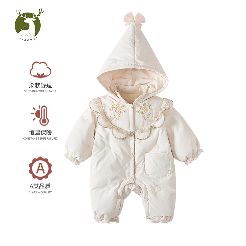 婴儿衣服羽绒服冬季连体衣一体加绒加厚女宝宝超萌外出服冬装鸭绒