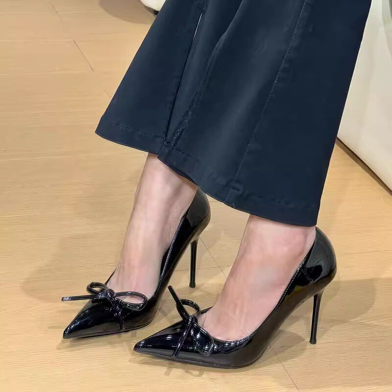 绝美高跟鞋女蝴蝶结气质百搭黑色性感尖头浅口单鞋2025早春新款