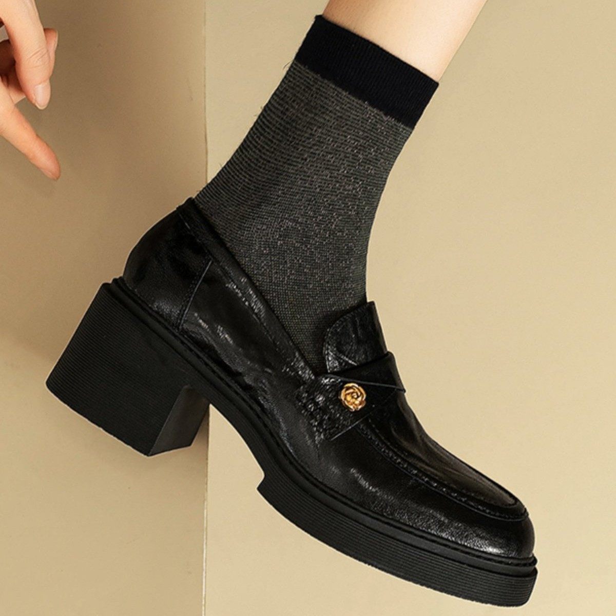 牛皮款~6cm厚底乐福鞋女春秋一脚蹬鞋子高跟单鞋黑色英伦小皮鞋,女鞋,乐福鞋（豆豆鞋）,淘宝优惠券,粉丝福利购,淘宝优惠卷