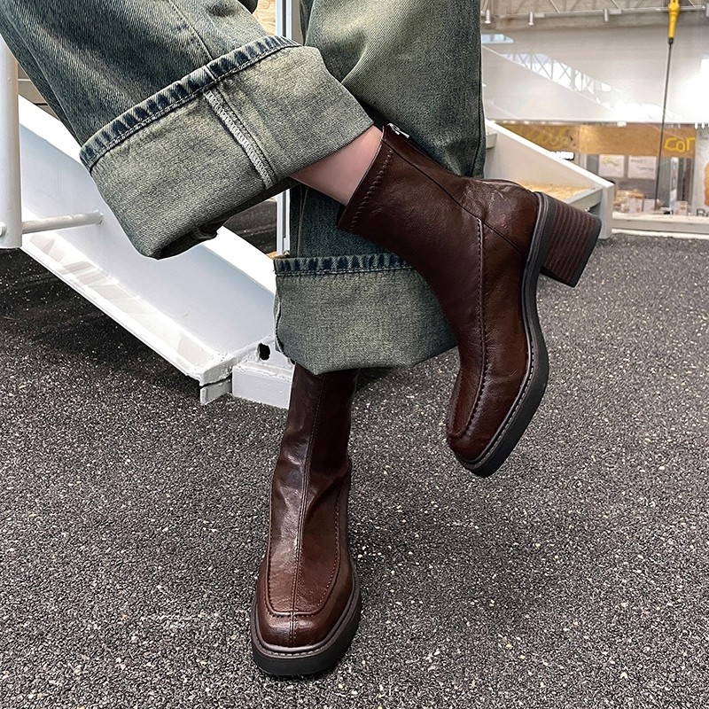 5cm法式复古超软皮中跟短靴